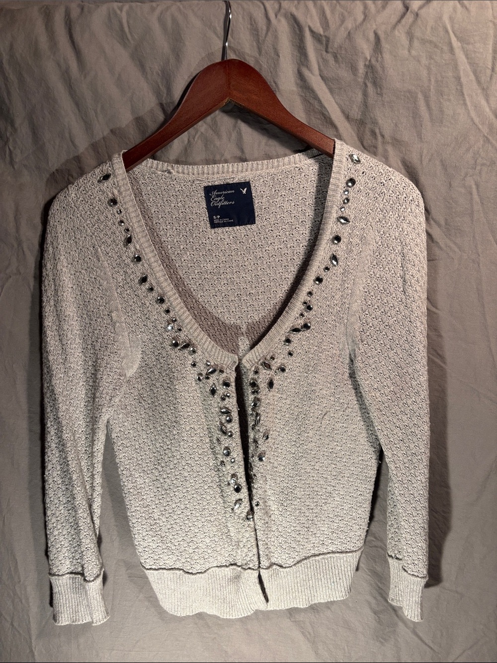 American Eagle Outfitters Light Gray Beaded V-Neck Cardigan